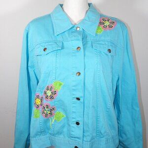 Share LIGHTHOUSE APPAREL embroidered appliqué daisy jean jacket turquoise Y2K Si